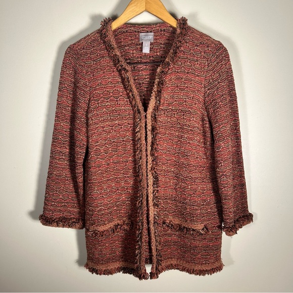 Chico’s Textured Fringe-Trim Burnt Orange Textured Cardigan Size 1 - Picture 2 of 9